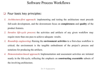 Software Process Workflows
1. Architecture-first approach: implementing and testing the architecture must precede
full-scale development, and the downstream focus on completeness and quality of the
product features.
2. Iterative life-cycle process: the activities and artifacts of any given workflow may
require more than one pass to achieve adequate results.
3. Roundtrip engineering: Raising the environment activities to a first-class workflow is
critical; the environment is the tangible embodiment of the project’s process and
notations for producing the artifacts.
4. Demonstration-based approach: Implementation and assessment activities are initiated
nearly in the life-cycle, reflecting the emphasis on constructing executable subsets of
the involving architecture.
 Four basic key principles:
Dr. P. Kuppusamy
 