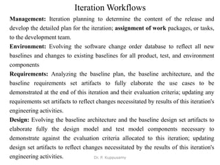 Iteration Workflows
Management: Iteration planning to determine the content of the release and
develop the detailed plan for the iteration; assignment of work packages, or tasks,
to the development team.
Environment: Evolving the software change order database to reflect all new
baselines and changes to existing baselines for all product, test, and environment
components
Requirements: Analyzing the baseline plan, the baseline architecture, and the
baseline requirements set artifacts to fully elaborate the use cases to be
demonstrated at the end of this iteration and their evaluation criteria; updating any
requirements set artifacts to reflect changes necessitated by results of this iteration's
engineering activities.
Design: Evolving the baseline architecture and the baseline design set artifacts to
elaborate fully the design model and test model components necessary to
demonstrate against the evaluation criteria allocated to this iteration; updating
design set artifacts to reflect changes necessitated by the results of this iteration's
engineering activities. Dr. P. Kuppusamy
 