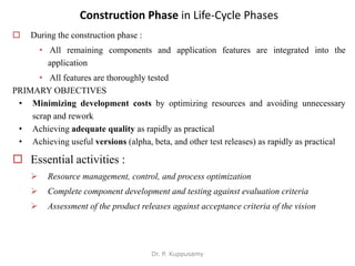 Construction Phase in Life-Cycle Phases
 During the construction phase :
• All remaining components and application features are integrated into the
application
• All features are thoroughly tested
PRIMARY OBJECTIVES
• Minimizing development costs by optimizing resources and avoiding unnecessary
scrap and rework
• Achieving adequate quality as rapidly as practical
• Achieving useful versions (alpha, beta, and other test releases) as rapidly as practical
 Essential activities :
 Resource management, control, and process optimization
 Complete component development and testing against evaluation criteria
 Assessment of the product releases against acceptance criteria of the vision
Dr. P. Kuppusamy
 