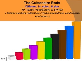 The Cuisenaire Rods  Different  in  color,  & size   To  teach Vocabulary & syntax  ( Colors/ numbers /adjectives / Verbs prepositions, conditionals, word order…) 