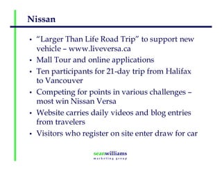 Nissan
• “Larger Than Life Road Trip” to support new
vehicle – www.liveversa.ca
• Mall Tour and online applications
• Ten participants for 21-day trip from Halifax
to Vancouver
• Competing for points in various challenges –
most win Nissan Versa
• Website carries daily videos and blog entries
from travelers
• Visitors who register on site enter draw for car
 