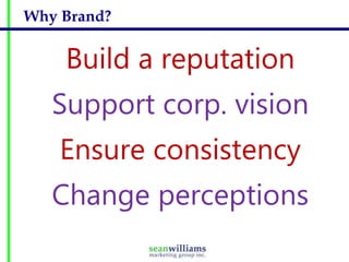 Why Brand?

Build a reputation
Support corp. vision
Ensure consistency
Change perceptions

 