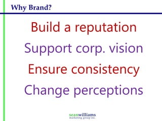 Why Brand?


    Build a reputation
   Support corp. vision
    Ensure consistency
   Change perceptions
 