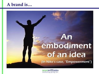 A brand is…




                   An
              embodiment
               of an idea
              (In Nike’s case, “Empowerment”)
 