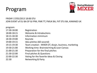 Program
FRIDAY 17/05/2013 18:00 STU
JOIN EVENT of EU BA OF & FPM, FMK TT, FMUK BA, FIIT STU BA, KAMAKO UK
program:
17:30-18:00 Registration
18:00-18:15 Welcome & Introductions
18:15-18:30 Information mimimum
18:30-19:00 Keynote
19:00-19:15 Idea pitches (60 second)
19:15-19:30 Team creation - MIXER (IT, dizajn, business, marketing
19:30-21:00 Working time: Brainstorming & Lean Canvas
21:00-21:30 Preparation for the final pitches
21:30-22:00 Final pitches & Questions
22:00-22:30 Voting for the favorite ideas & Closing
22:30 Networking & Party
 