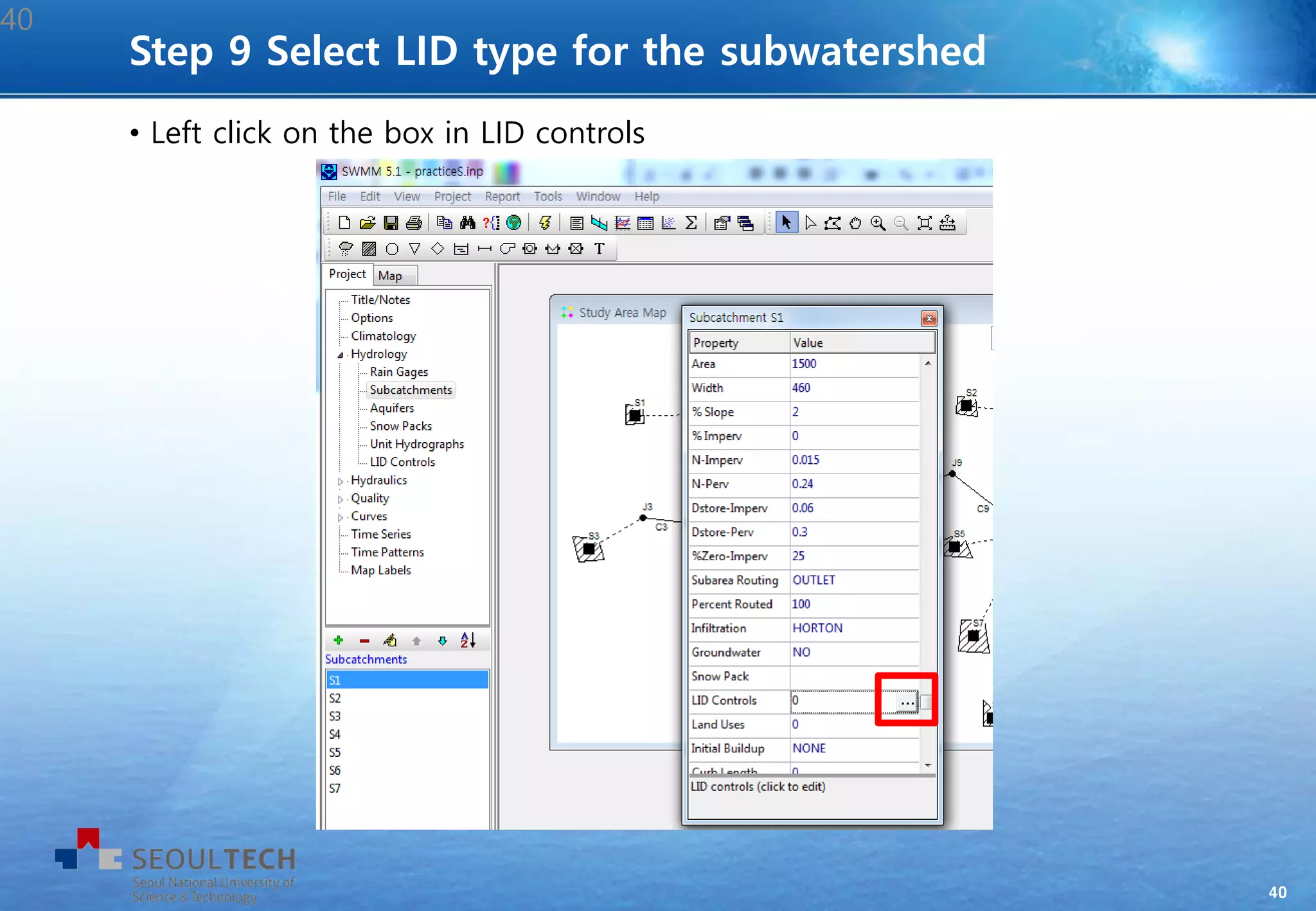 40
• Left click on the box in LID controls
Step 9 Select LID type for the subwatershed
40
 