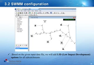 22
 Based on the given input data file, we will add LID (Low Impact Development)
options for all subcatchments
22
3.2 SWMM configuration
 
