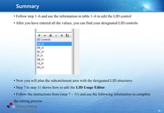 36
• Follow step 1~6 and use the information in table 1~6 to edit the LID control
• After you have entered all the values, you can find your designated LID controls
• Now you will plan the subcatchment area with the designated LID structures
• Step 7 to step 11 shows how to edit the LID Usage Editor
• Follow the instructions from (step 7 ~ 11) and use the following information to complete
the editing process
36
Summary
 