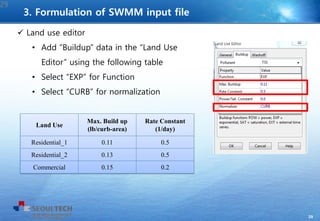 29
 Land use editor
• Add “Buildup” data in the “Land Use
Editor” using the following table
• Select “EXP” for Function
• Select “CURB” for normalization
29
Land Use
Max. Build up
(lb/curb-area)
Rate Constant
(1/day)
Residential_1 0.11 0.5
Residential_2 0.13 0.5
Commercial 0.15 0.2
3. Formulation of SWMM input file
 