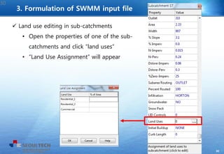30
 Land use editing in sub-catchments
• Open the properties of one of the sub-
catchments and click “land uses”
• “Land Use Assignment” will appear
30
3. Formulation of SWMM input file
 