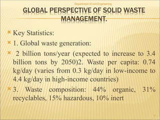  Key Statistics:
 1. Global waste generation:
 2 billion tons/year (expected to increase to 3.4
billion tons by 2050)2. Waste per capita: 0.74
kg/day (varies from 0.3 kg/day in low-income to
4.4 kg/day in high-income countries)
 3. Waste composition: 44% organic, 31%
recyclables, 15% hazardous, 10% inert
Department of civil Engineering
17
 