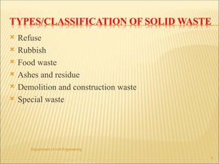 Refuse
 Rubbish
 Food waste
 Ashes and residue
 Demolition and construction waste
 Special waste
Department of civil Engineering
8
 