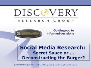 [Product Name] Insert Product Photograph Here  Your Logo  Here (p) 800-678-3748 (e) info@DiscoveryResearchGroup.com (w) www.DiscoveryResearchGroup.com Social Media Research:  Secret Sauce or …Deconstructing the Burger? 