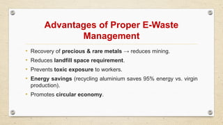 Advantages of Proper E-Waste
Management
• Recovery of precious & rare metals → reduces mining.
• Reduces landfill space requirement.
• Prevents toxic exposure to workers.
• Energy savings (recycling aluminium saves 95% energy vs. virgin
production).
• Promotes circular economy.
 
