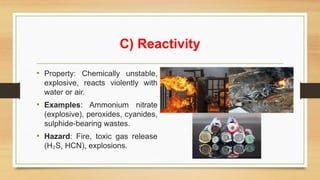 C) Reactivity
• Property: Chemically unstable,
explosive, reacts violently with
water or air.
• Examples: Ammonium nitrate
(explosive), peroxides, cyanides,
sulphide-bearing wastes.
• Hazard: Fire, toxic gas release
(H S, HCN), explosions.
₂
 