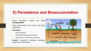 E) Persistence and Bioaccumulation
• Some hazardous wastes are non-
biodegradable.
• They accumulate in soil, water, and living
organisms.
• Examples:
• DDT (pesticide).
• PCBs (Polychlorinated biphenyls).
• Dioxins (from combustion processes).
• Hazard: Long-term ecological damage,
poisoning of food chain.
 