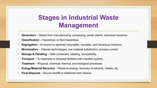 Stages in Industrial Waste
Management
• Generation – Waste from manufacturing, processing, power plants, chemical industries.
• Classification – Hazardous vs Non-hazardous.
• Segregation – At source to separate recyclable, reusable, and hazardous fractions.
• Minimization – Cleaner technologies, raw material substitution, process control.
• Storage & Handling – Safe containers, labeling, compatibility.
• Transport – To treatment or disposal facilities with manifest system.
• Treatment – Physical, chemical, thermal, and biological processes.
• Energy/Material Recovery – Waste-to-energy, recovery of solvents, metals, etc.
• Final Disposal – Secure landfill or stabilized inert residue.
 