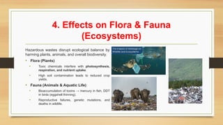 4. Effects on Flora & Fauna
(Ecosystems)
Hazardous wastes disrupt ecological balance by
harming plants, animals, and overall biodiversity.
• Flora (Plants)
• Toxic chemicals interfere with photosynthesis,
respiration, and nutrient uptake.
• High soil contamination leads to reduced crop
yields.
• Fauna (Animals & Aquatic Life)
• Bioaccumulation of toxins → mercury in fish, DDT
in birds (eggshell thinning).
• Reproductive failures, genetic mutations, and
deaths in wildlife.
 