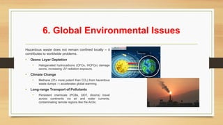 6. Global Environmental Issues
Hazardous waste does not remain confined locally – it
contributes to worldwide problems.
• Ozone Layer Depletion
• Halogenated hydrocarbons (CFCs, HCFCs) damage
ozone, increasing UV radiation exposure.
• Climate Change
• Methane (21x more potent than CO ) from hazardous
₂
waste dumps → accelerates global warming.
• Long-range Transport of Pollutants
• Persistent chemicals (PCBs, DDT, dioxins) travel
across continents via air and water currents,
contaminating remote regions like the Arctic.
 