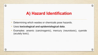 A) Hazard Identification
• Determining which wastes or chemicals pose hazards.
• Uses toxicological and epidemiological data.
• Examples: arsenic (carcinogenic), mercury (neurotoxic), cyanide
(acutely toxic).
 