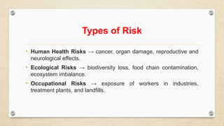 Types of Risk
• Human Health Risks → cancer, organ damage, reproductive and
neurological effects.
• Ecological Risks → biodiversity loss, food chain contamination,
ecosystem imbalance.
• Occupational Risks → exposure of workers in industries,
treatment plants, and landfills.
 