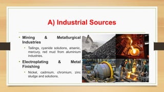 • Mining & Metallurgical
Industries
• Tailings, cyanide solutions, arsenic,
mercury, red mud from aluminium
industries.
• Electroplating & Metal
Finishing
• Nickel, cadmium, chromium, zinc
sludge and solutions.
A) Industrial Sources
 