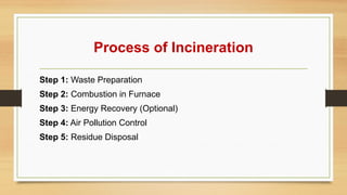 Process of Incineration
Step 1: Waste Preparation
Step 2: Combustion in Furnace
Step 3: Energy Recovery (Optional)
Step 4: Air Pollution Control
Step 5: Residue Disposal
 