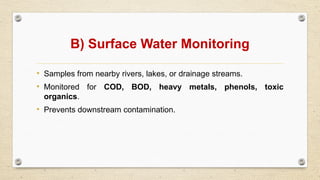 B) Surface Water Monitoring
• Samples from nearby rivers, lakes, or drainage streams.
• Monitored for COD, BOD, heavy metals, phenols, toxic
organics.
• Prevents downstream contamination.
 