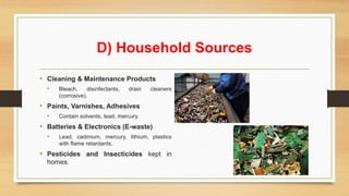 D) Household Sources
• Cleaning & Maintenance Products
• Bleach, disinfectants, drain cleaners
(corrosive).
• Paints, Varnishes, Adhesives
• Contain solvents, lead, mercury.
• Batteries & Electronics (E-waste)
• Lead, cadmium, mercury, lithium, plastics
with flame retardants.
• Pesticides and Insecticides kept in
homes.
 