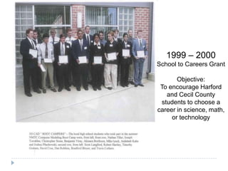 1999 – 2000
School to Careers Grant
Objective:
To encourage Harford
and Cecil County
students to choose a
career in science, math,
or technology
 