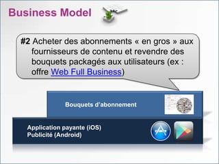 Business Model

  #2 Acheter des abonnements « en gros » aux
     fournisseurs de contenu et revendre des
     bouquets packagés aux utilisateurs (ex :
     offre Web Full Business)


               Bouquets d’abonnement


   Application payante (iOS)
   Publicité (Android)
 