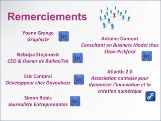 Remerciements
       Yoann Grange
         Graphiste                    Antoine Dumont
                              Consultant en Business Model chez
                                       Elton-Pickford
   Nebojsa Stojanovic
CEO & Owner de BalkanTek
                                         Atlantic 2.0
       Eric Cambrai               Association nantaise pour
Développeur chez Doyoubuzz       dynamiser l’innovation et la
                                     création numérique
        Simon Robic
 Journaliste Entreprenantes
 