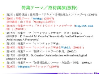 特集テーマ／招待講演(抜粋)第3回：招待講演：辻井潤一「テキスト情報処理とオントロジー」(2002/6)第6回：特集テーマ「Weblog」(2004/7)招待講演：山下清美「Weblogの心理学」第10回：特集テーマ：「ライトウエイト・メタデータ（blog, SNS, wiki他）」(2005/11)第12回：特集テーマ「セマンティックWebサービス」(2006/1)招待講演：D. Fansel & M. Zaremba “Semantically Enabled Service-Oriented Architectures: A Framework"第13回：特集テーマ「セマンティックWeb」第14回：特集テーマ「セマンティックWebとWeb2.0」(2006/11)第16回：特集テーマ「領域オントロジーの利用」(2007/7)第17回：招待講演：N. Guarino “An introduction to formal ontological analysis”(2008/2)第18回：特集テーマ「知識構造化のツール・方法論・事例」(2008/12)第20回：Wikipediaワークショップ (2009/1)