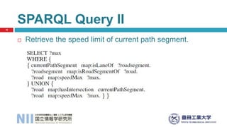 Retrieve the speed limit of current path segment.
SPARQL Query II
16
 