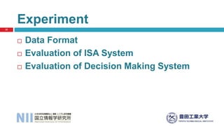  Data Format
 Evaluation of ISA System
 Evaluation of Decision Making System
Experiment
22
 