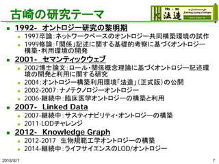 古崎の研究テーマ
 1992- オントロジー研究の黎明期
 1997卒論：ネットワークベースのオントロジー共同構築環境の試作
 1999修論：「関係」記述に関する基礎的考察に基づくオントロジー
構築・利用環境の開発
 2001- セマンティックウェブ
 2002博士論文：ロール・関係概念理論に基づくオントロジー記述環
境の開発と利用に関する研究
 2004：オントロジー構築利用環境「法造」（正式版）の公開
 2002-2007：ナノテクノロジーオントロジー
 2006-継続中：臨床医学オントロジーの構築と利用
 2007- Linked Data
 2007-継続中：サスティナビリティ・オントロジーの構築
 2011-LODチャレンジ
 2012- Knowledge Graph
 2012-2017 生物規範工学オントロジーの構築
 2014-継続中：ライフサイエンスのLOD/オントロジー
2018/8/7 7
 