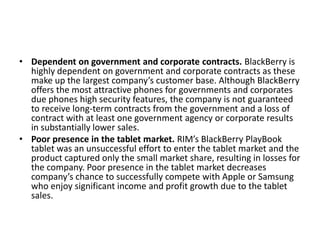 • Dependent on government and corporate contracts. BlackBerry is
highly dependent on government and corporate contracts as these
make up the largest company’s customer base. Although BlackBerry
offers the most attractive phones for governments and corporates
due phones high security features, the company is not guaranteed
to receive long-term contracts from the government and a loss of
contract with at least one government agency or corporate results
in substantially lower sales.
• Poor presence in the tablet market. RIM’s BlackBerry PlayBook
tablet was an unsuccessful effort to enter the tablet market and the
product captured only the small market share, resulting in losses for
the company. Poor presence in the tablet market decreases
company’s chance to successfully compete with Apple or Samsung
who enjoy significant income and profit growth due to the tablet
sales.
 