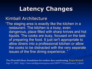 Latency Changes Kimball Architecture “ The staging area is exactly like the kitchen in a restaurant. The kitchen is a busy, even dangerous, place filled with sharp knives and hot liquids. The cooks are busy, focused on the task of preparing the food. It just isn't appropriate to allow diners into a professional kitchen or allow the cooks to be distracted with the very separate issues of the fine dining experience. ” Two Powerful Ideas: foundations for modern data warehousing,  Ralph Kimball  Sept 17, 2002:  http://www.intelligententerprise.com/020917/515warehouse1_1.jhtml 
