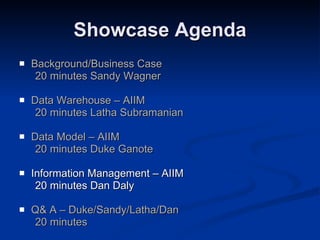 Showcase Agenda Background/Business Case  20 minutes Sandy Wagner Data Warehouse – AIIM  20 minutes Latha Subramanian Data Model – AIIM  20 minutes Duke Ganote Information Management – AIIM 20 minutes Dan Daly Q& A – Duke/Sandy/Latha/Dan  20 minutes 