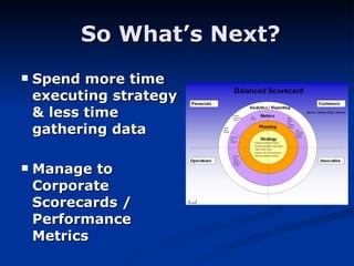 So What’s Next? Spend more time executing strategy & less time gathering data Manage to Corporate Scorecards / Performance Metrics   