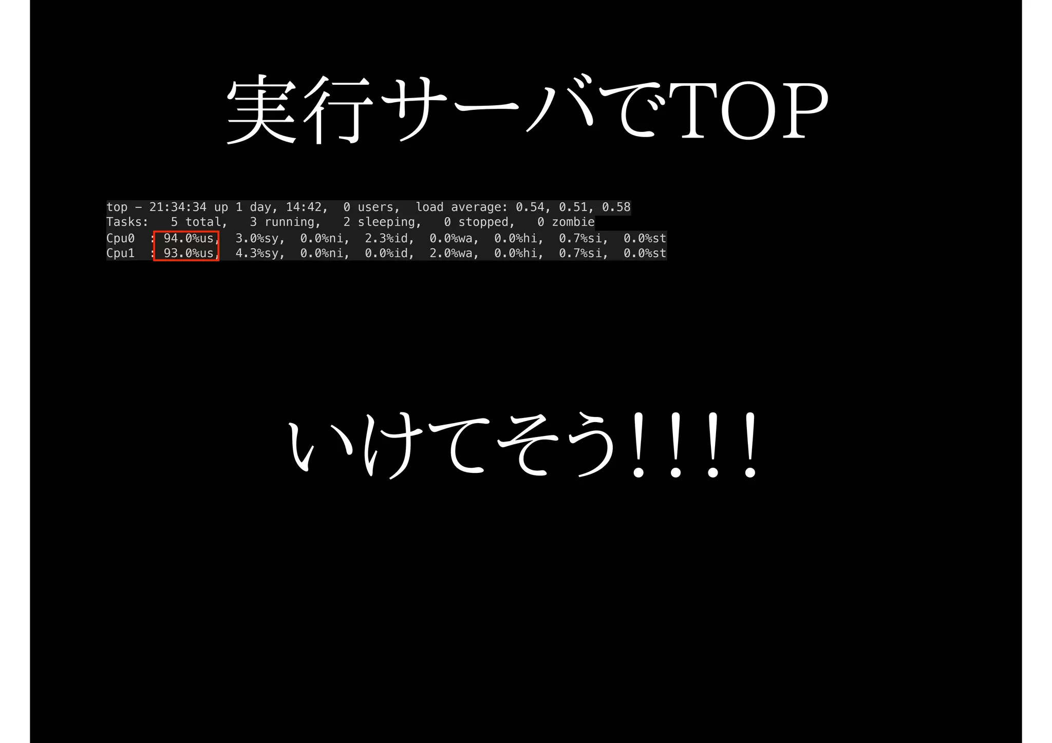 いけてそう！！！！
top - 21:34:34 up 1 day, 14:42, 0 users, load average: 0.54, 0.51, 0.58
Tasks: 5 total, 3 running, 2 sleeping, 0 stopped, 0 zombie
Cpu0 : 94.0%us, 3.0%sy, 0.0%ni, 2.3%id, 0.0%wa, 0.0%hi, 0.7%si, 0.0%st
Cpu1 : 93.0%us, 4.3%sy, 0.0%ni, 0.0%id, 2.0%wa, 0.0%hi, 0.7%si, 0.0%st
実行サーバでTOP
 