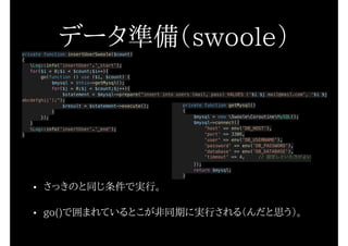 データ準備（swoole）private function insertUserSwoole($count)
{
Log::info('insertUser'.'_start');
for($i = 0;$i < $count;$i++){
go(function () use ($i, $count) {
$mysql = $this->getMysql();
for($j = 0;$j < $count;$j++){
$statement = $mysql->prepare("insert into users (mail, pass) VALUES (‘$i $j mail@mail.com', ‘$i $j
abcdefghij');");
$result = $statement->execute();
}
});
}
Log::info('insertUser'.'_end');
}
• さっきのと同じ条件で実行。
• go()で囲まれているとこが非同期に実行される（んだと思う）。
private function getMysql()
{
$mysql = new SwooleCoroutineMySQL();
$mysql->connect([
'host' => env('DB_HOST'),
'port' => 3306,
'user' => env('DB_USERNAME'),
'password' => env('DB_PASSWORD'),
'database' => env('DB_DATABASE'),
'timeout' => 4, // 設定しといた方がよい
]);
return $mysql;
}
 
