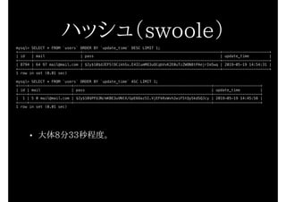 • 大体8分33秒程度。
mysql> SELECT * FROM `users` ORDER BY `update_time` DESC LIMIT 1;
+------+---------------------+--------------------------------------------------------------+---------------------+
| id | mail | pass | update_time |
+------+---------------------+--------------------------------------------------------------+---------------------+
| 8794 | 64 97 mail@mail.com | $2y$10$dJEFSl9CikhSv.E4ICumMO3uOCqbVvK2E0uTzZWON8tPAejrIm5wq | 2019-05-19 14:54:31 |
+------+---------------------+--------------------------------------------------------------+---------------------+
1 row in set (0.01 sec)
mysql> SELECT * FROM `users` ORDER BY `update_time` ASC LIMIT 1;
+----+-------------------+--------------------------------------------------------------+---------------------+
| id | mail | pass | update_time |
+----+-------------------+--------------------------------------------------------------+---------------------+
| 1 | 5 0 mail@mail.com | $2y$10$PFUJN/mKBE3uVNtX/GpE6Oaz5I.VjEFkRxWvh2wiFStQySkdSQJcy | 2019-05-19 14:45:58 |
+----+-------------------+--------------------------------------------------------------+---------------------+
1 row in set (0.01 sec)
ハッシュ（swoole）
 