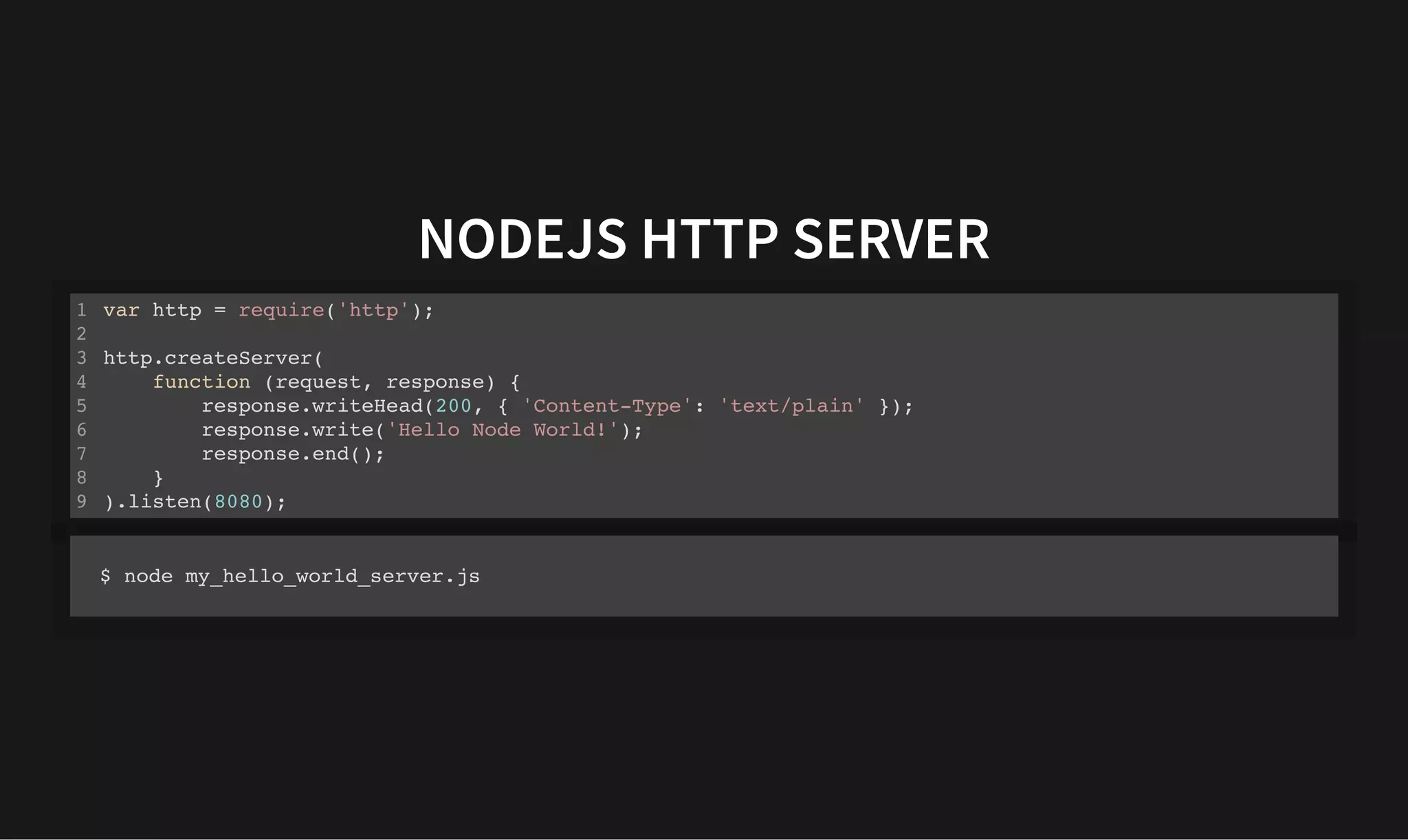 NODEJS HTTP SERVER
NODEJS HTTP SERVER
var http = require('http');
http.createServer(
function (request, response) {
response.writeHead(200, { 'Content-Type': 'text/plain' });
response.write('Hello Node World!');
response.end();
}
).listen(8080);
1
2
3
4
5
6
7
8
9
$ node my_hello_world_server.js
 