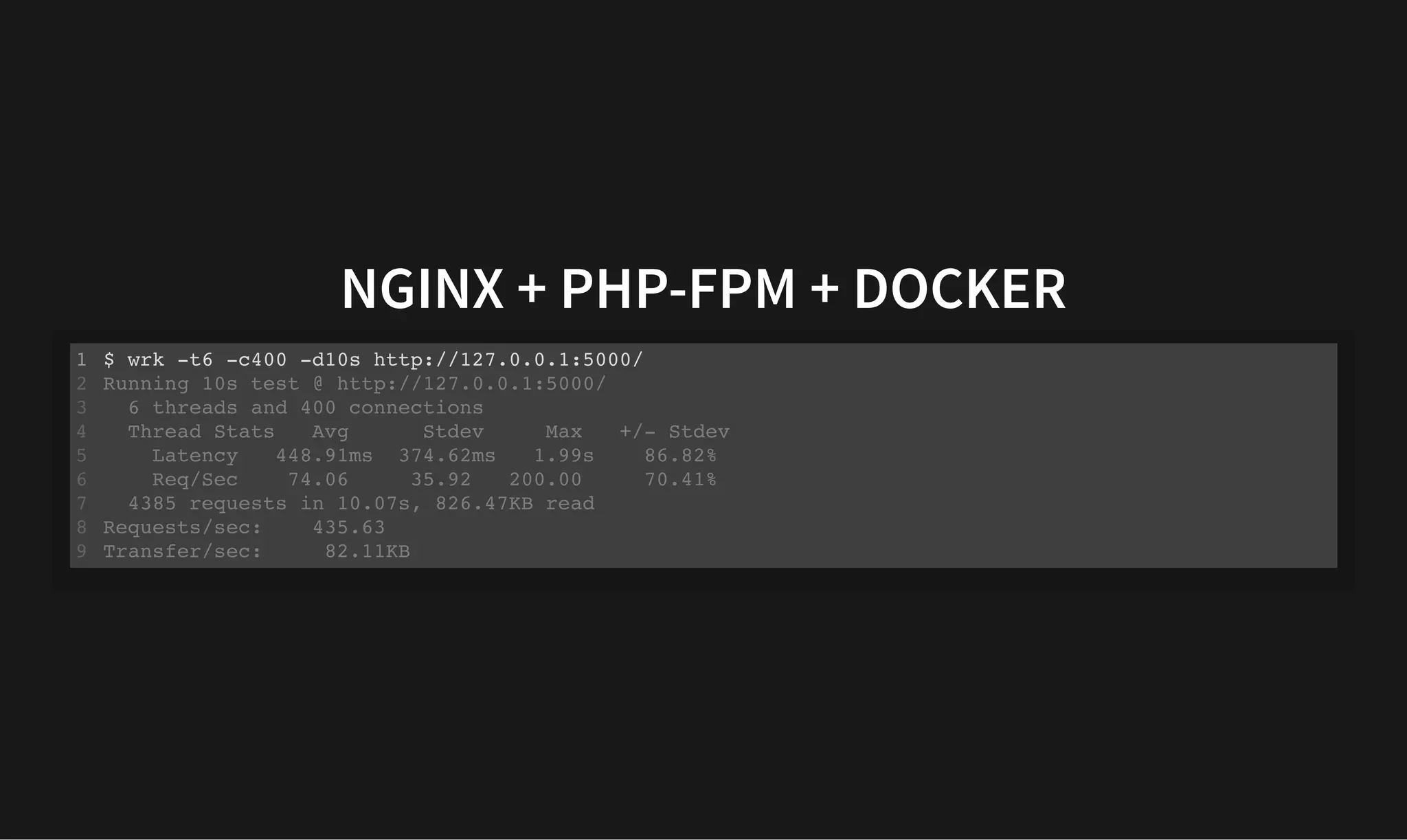 NGINX + PHP-FPM + DOCKER
NGINX + PHP-FPM + DOCKER
$ wrk -t6 -c400 -d10s http://127.0.0.1:5000/
Running 10s test @ http://127.0.0.1:5000/
6 threads and 400 connections
Thread Stats Avg Stdev Max +/- Stdev
Latency 448.91ms 374.62ms 1.99s 86.82%
Req/Sec 74.06 35.92 200.00 70.41%
4385 requests in 10.07s, 826.47KB read
Requests/sec: 435.63
Transfer/sec: 82.11KB
1
2
3
4
5
6
7
8
9
$ wrk -t6 -c400 -d10s http://127.0.0.1:5000/
1
Running 10s test @ http://127.0.0.1:5000/
2
6 threads and 400 connections
3
Thread Stats Avg Stdev Max +/- Stdev
4
Latency 448.91ms 374.62ms 1.99s 86.82%
5
Req/Sec 74.06 35.92 200.00 70.41%
6
4385 requests in 10.07s, 826.47KB read
7
Requests/sec: 435.63
8
Transfer/sec: 82.11KB
9
 