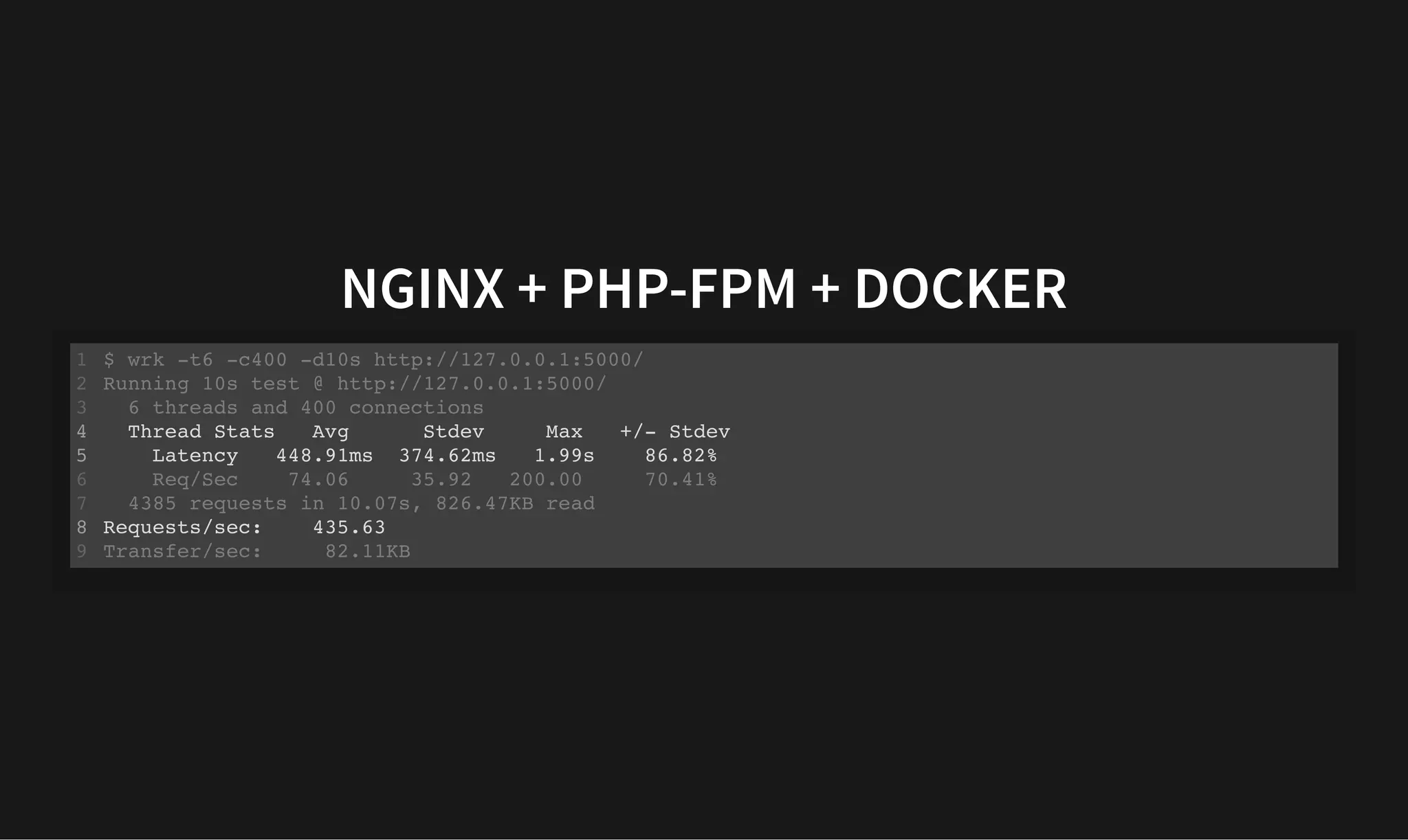 NGINX + PHP-FPM + DOCKER
NGINX + PHP-FPM + DOCKER
$ wrk -t6 -c400 -d10s http://127.0.0.1:5000/
Running 10s test @ http://127.0.0.1:5000/
6 threads and 400 connections
Thread Stats Avg Stdev Max +/- Stdev
Latency 448.91ms 374.62ms 1.99s 86.82%
Req/Sec 74.06 35.92 200.00 70.41%
4385 requests in 10.07s, 826.47KB read
Requests/sec: 435.63
Transfer/sec: 82.11KB
1
2
3
4
5
6
7
8
9
$ wrk -t6 -c400 -d10s http://127.0.0.1:5000/
1
Running 10s test @ http://127.0.0.1:5000/
2
6 threads and 400 connections
3
Thread Stats Avg Stdev Max +/- Stdev
4
Latency 448.91ms 374.62ms 1.99s 86.82%
5
Req/Sec 74.06 35.92 200.00 70.41%
6
4385 requests in 10.07s, 826.47KB read
7
Requests/sec: 435.63
8
Transfer/sec: 82.11KB
9
Thread Stats Avg Stdev Max +/- Stdev
Latency 448.91ms 374.62ms 1.99s 86.82%
Requests/sec: 435.63
$ wrk -t6 -c400 -d10s http://127.0.0.1:5000/
1
Running 10s test @ http://127.0.0.1:5000/
2
6 threads and 400 connections
3
4
5
Req/Sec 74.06 35.92 200.00 70.41%
6
4385 requests in 10.07s, 826.47KB read
7
8
Transfer/sec: 82.11KB
9
 