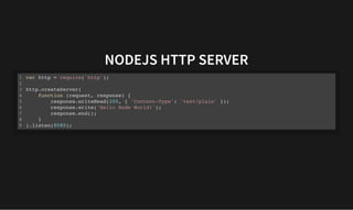 NODEJS HTTP SERVER
NODEJS HTTP SERVER
var http = require('http');
http.createServer(
function (request, response) {
response.writeHead(200, { 'Content-Type': 'text/plain' });
response.write('Hello Node World!');
response.end();
}
).listen(8080);
1
2
3
4
5
6
7
8
9
 