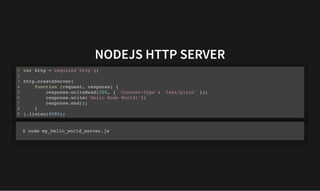 NODEJS HTTP SERVER
NODEJS HTTP SERVER
var http = require('http');
http.createServer(
function (request, response) {
response.writeHead(200, { 'Content-Type': 'text/plain' });
response.write('Hello Node World!');
response.end();
}
).listen(8080);
1
2
3
4
5
6
7
8
9
$ node my_hello_world_server.js
 