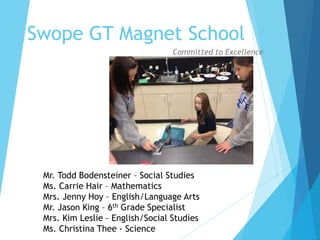 Swope GT Magnet School
Committed to Excellence
Mr. Todd Bodensteiner – Social Studies
Ms. Carrie Hair – Mathematics
Mrs. Jenny Hoy – English/Language Arts
Mr. Jason King – 6th Grade Specialist
Mrs. Kim Leslie – English/Social Studies
Ms. Christina Thee - Science
 