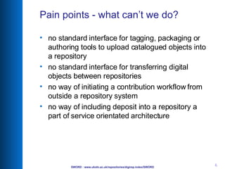 Pain points - what can’t we do? <ul><li>no standard interface for tagging, packaging or authoring tools to upload catalogu...